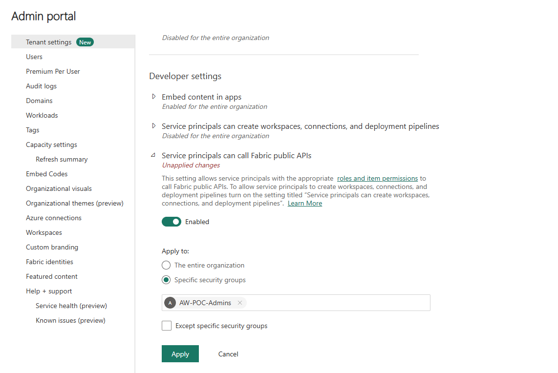 Admin portal — Service principals can call Fabric public APIs enabled for AW-POC-Admins security group